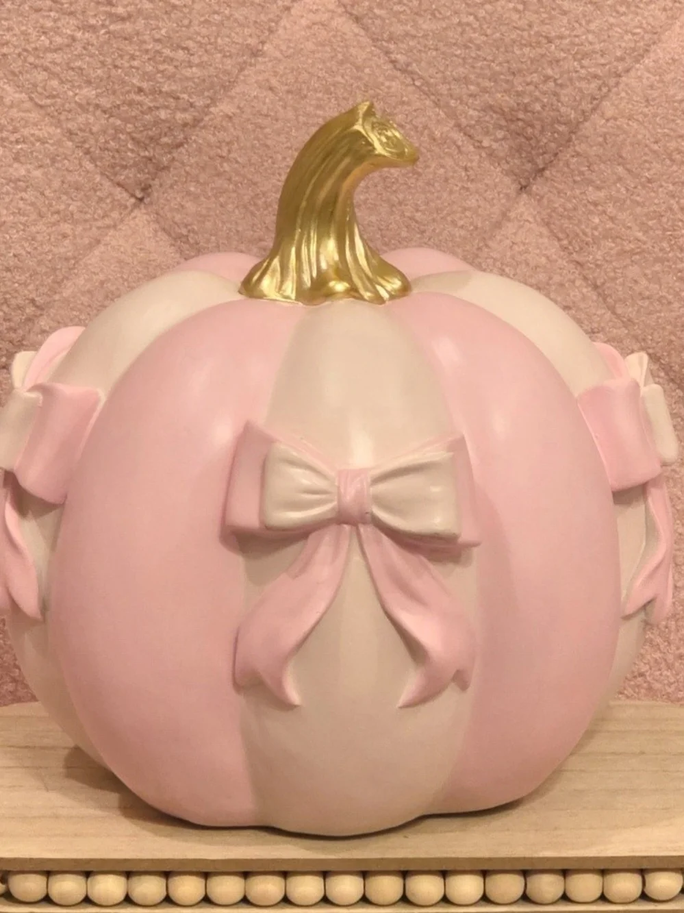 Coquette Pink and Cream Pumpkin w/Bow Accents & Gold Stem -Pink-Halloween Decor